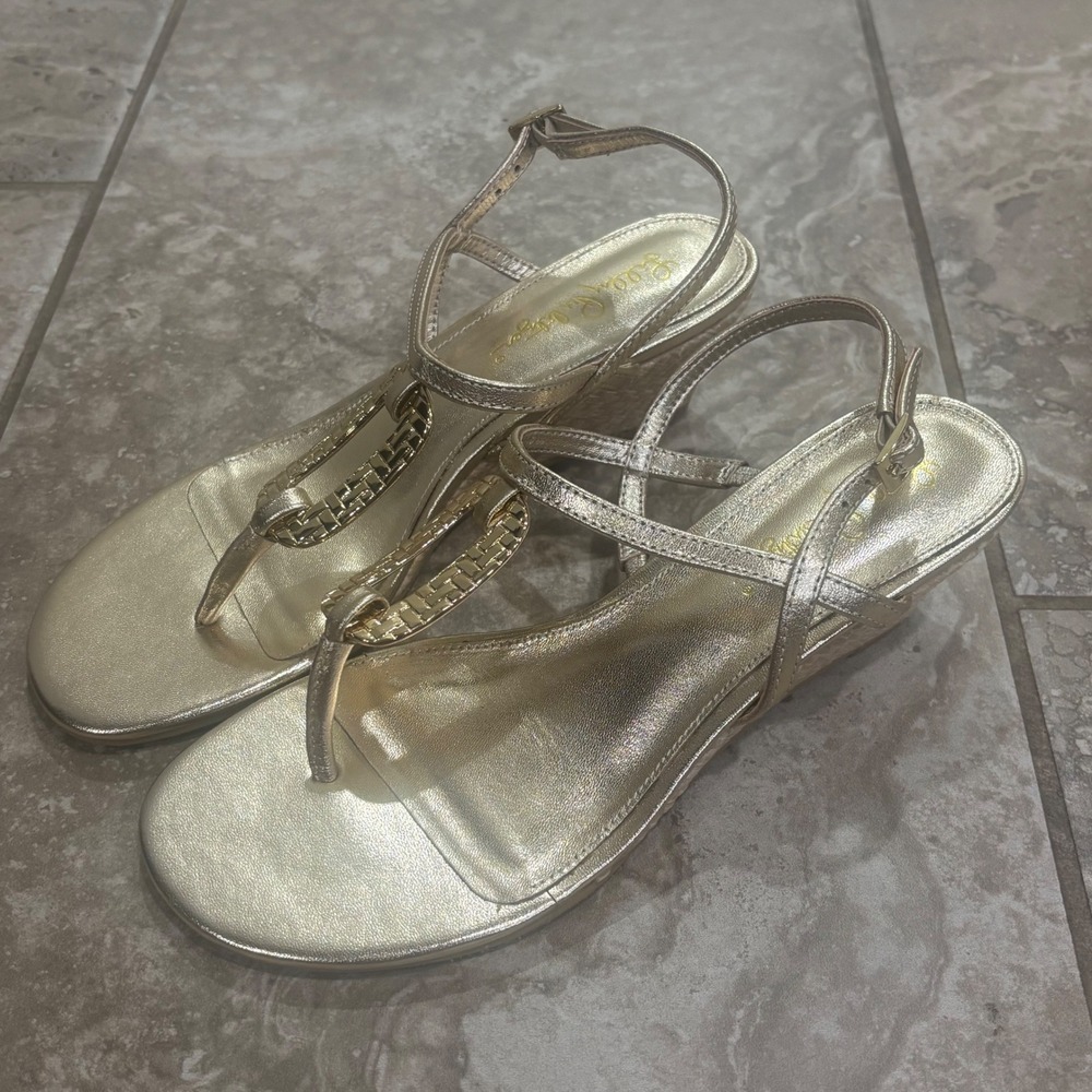 Lilly Pulitzer Good As Gold Wedge Sandals Metallic Gold Leather 6M 010566-962-6